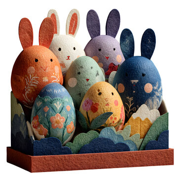 Easter bunny plush toys in decorative egg display. Soft pastel stuffed animals arranged for spring holiday celebration.