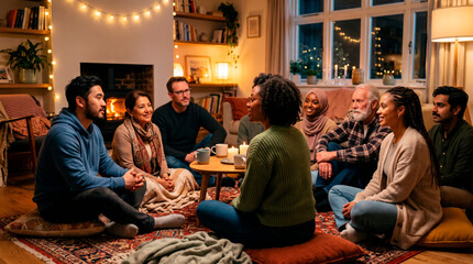 Fototapeta premium Circle of Connection: A diverse group of people sit in a warm, inviting living room, sharing stories and laughter around a central gathering. The atmosphere is filled with comfort, intimacy.