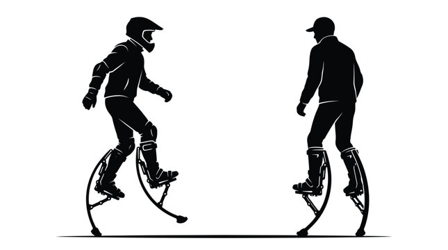 Two silhouettes of people standing on spring loaded jumping stilts in a clean white background