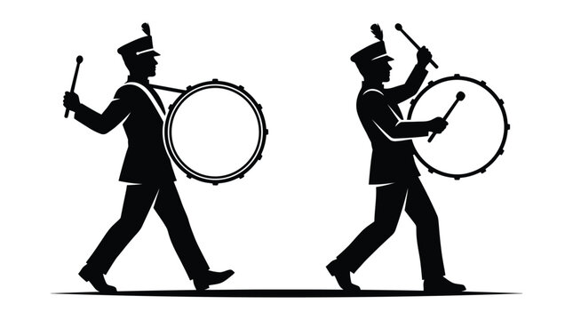 Two marching band drummers playing large bass drums in a sharp black and white silhouette style