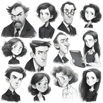 Diverse group of teachers and educators in hand-drawn portrait style. Black and white illustrations of male and female professionals for education...