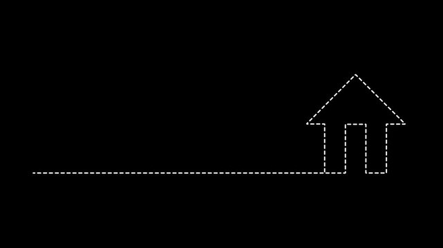Continuous Dashed White Line Drawing Animation of House Icon on Black Background, Modern Real Estate Housing Agency and Blueprint Concept