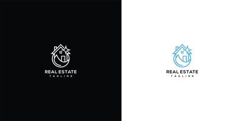 Fototapeta premium Modern Minimalist Line Art Real Estate Logo with House Crescent Moon and Star