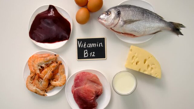 Foods that contain vitamin B12. Selective focus.