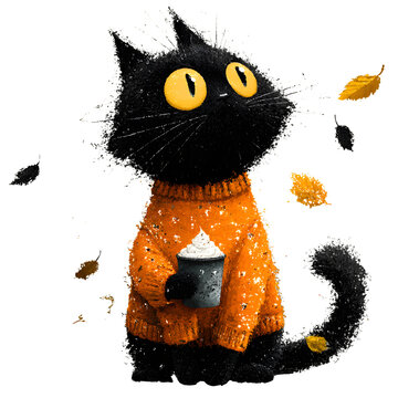 Black cat in orange sweater celebrating autumn with falling leaves. Cute cartoon-style feline character for seasonal holiday designs and children's...