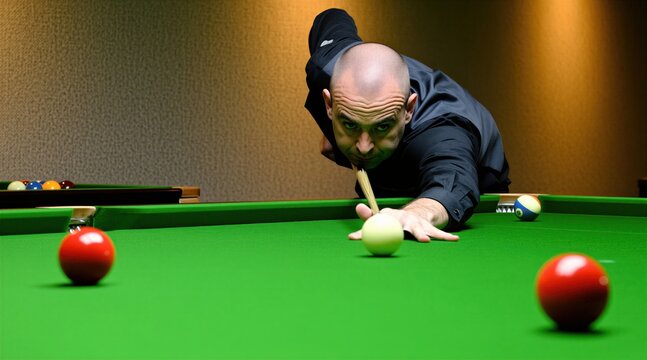 Bald man in black shirt plays snooker on green table. Player aims cue ball, ready to strike. Close up on focused athlete playing billiards game in club, intense concentration during match.