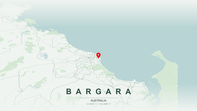 Modern minimalist vector map of Bargara, Queensland. High-quality scalable illustration of Bargara geographic boundaries along the Pacific Ocean coastline for posters design.