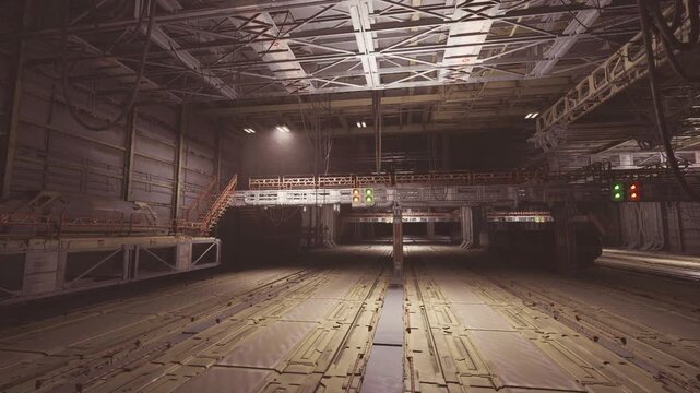 Vast empty hangar floor with overhead rigging and tracks, high ceiling, dim spotlights, expansive negative space, industrial geometry ideal for scale