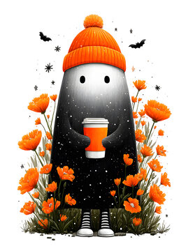 Cute ghost holding autumn drink in orange field. Playful Halloween spirit character with knitted hat and warm beverage.