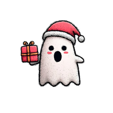 Cute cartoon ghost holding Christmas gift box. Friendly holiday spirit character with festive red hat and cheerful smile.