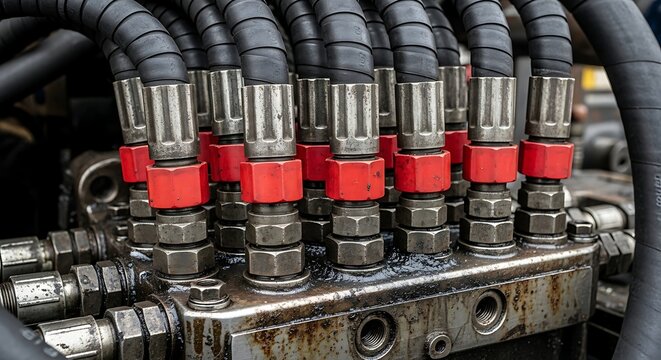 Close up of red and silver car brake calipers assembly.