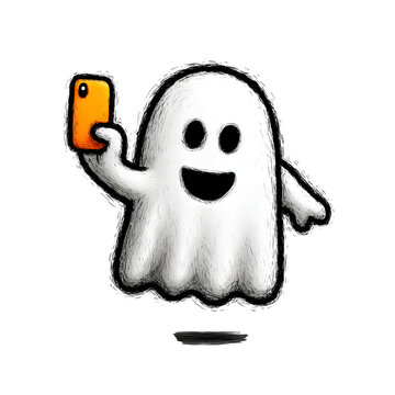 Friendly cartoon ghost holding a smartphone. Playful Halloween spirit character waving with a digital device for apps and social media.