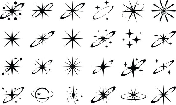 Set of isolated black vector icons of stars and celestial objects on white background
