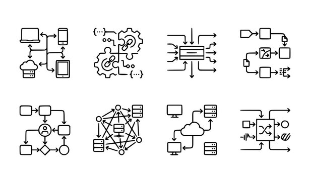 System integration thin line icon set API middleware orchestration editable stroke vector