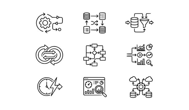 Data flow and automation integration thin line icon set ETL workflow vector