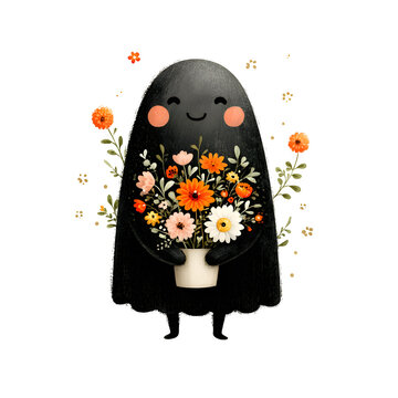 Cute ghost holding autumn floral bouquet. Adorable Halloween spirit character with smiling face and seasonal flowers.