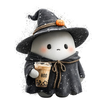 Cute ghost holding pumpkin spice latte in witch costume. Adorable Halloween mascot character with autumn coffee drink and pointy hat.