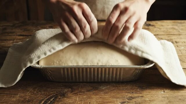 Close up of person covering rising bread dough with a linen towel in a foil baking pan on a rustic wooden table