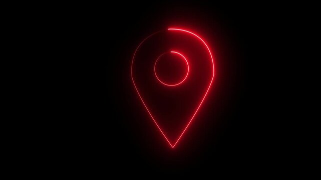 Abstract location glowing neon icon fast tracking map pin icon animation on black background. Neon location animation icon. 4k