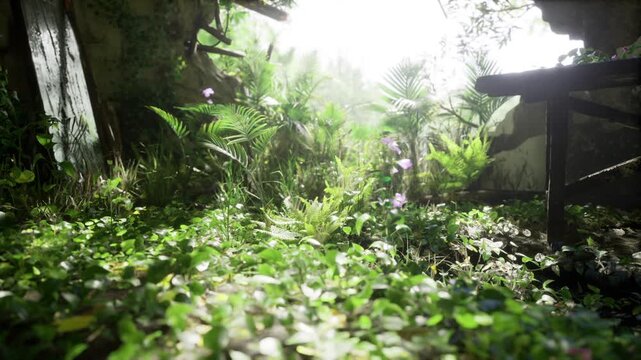 Sunlit clover spreading across cracked greenhouse floor, shattered glass, vines climbing rusted frames, humid glow, emergent ecosystem, urban nature takeover.