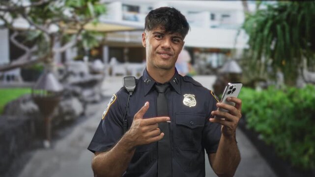 Man police officer holding smartphone and pointing finger on street while smiling and checking the screen; confidence duty.