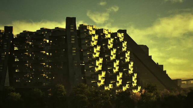 Twilight modular monolith rising above treeline with warm highlights and deep shadows, historian documenting layered terraces and weathered concrete, sense