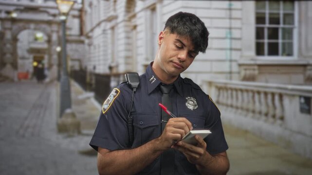 Man police officer writing in a notepad with red pen, badge and radio visible on his uniform, standing on a street beside a stone building; duty.