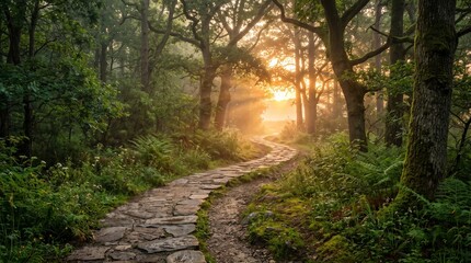Fototapeta premium A Winding Stone Pathway Through an Ancient Forest at Sunrise