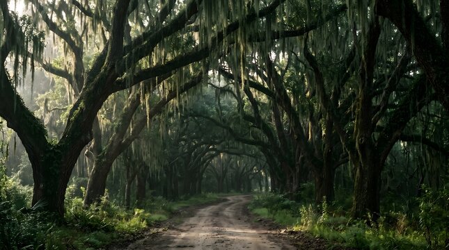 Classic southern plantation dirt driveway lined with massive oak trees draped in heavy spanish moss