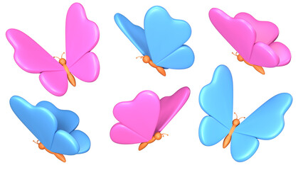Naklejka premium Six Pink and Light Blue 3D Cartoon Butterflies Set Isolated Object