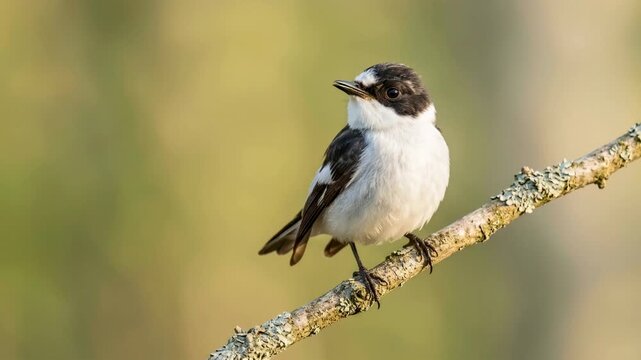 european pied flycatcher singing close up in scandinavian forest morning light video