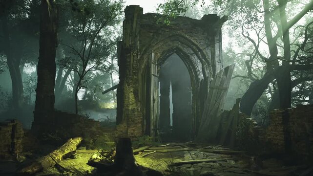 Backlit ruined portal framed by trees, high contrast silhouette with glowing rim light, vibrant shafts cutting through mist, intense cinematic mood perfect