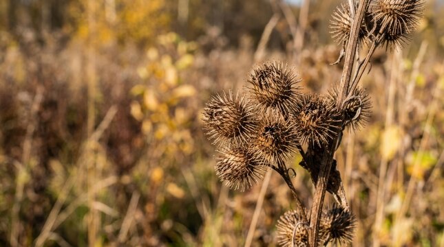 Dried burdock seed heads in an autumn field with warm sunlight and shallow depth of field