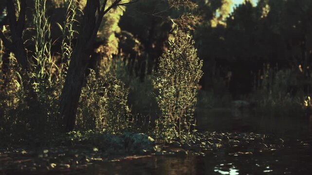 Twilit shoreline in moody shadow with mist rising over bog and cool tones, tree silhouettes leaning toward still water, subtle ember highlights, cinematic quiet