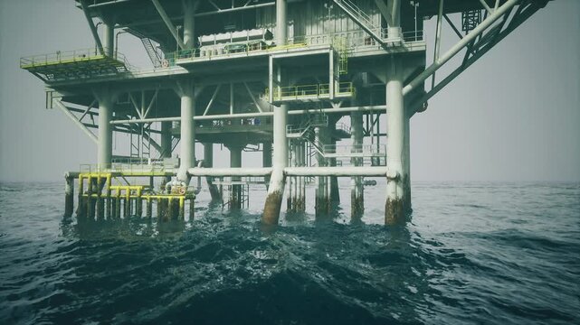 Offshore drilling platform rising above ocean. Massive steel legs and modular decks support cranes, piping and maintenance walkways choppy dark water laps