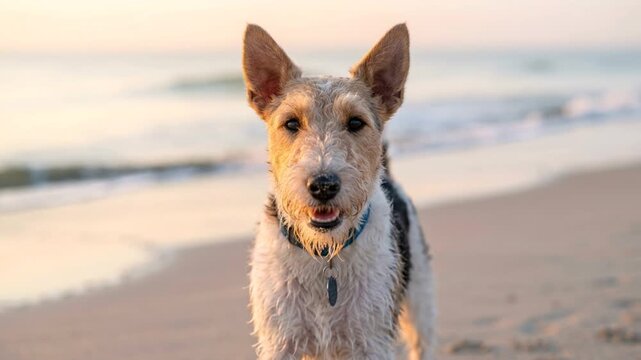 fox terrier at beach close up in english coast morning light video