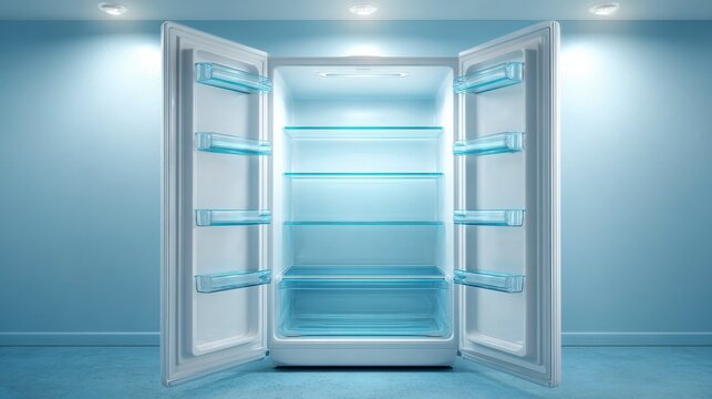 An empty refrigerator with open doors, showcasing the interior shelves bathed in soft, cool lighting against a blue backdrop