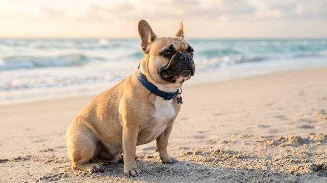 french bulldog at beach close up in french riviera morning light video