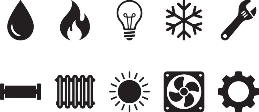 Set of ten black minimalist including water drop, fire flame, light bulb, snowflake, wrench, pipe, radiator, sun, cooling fan, and gear cog, arranged in two rows