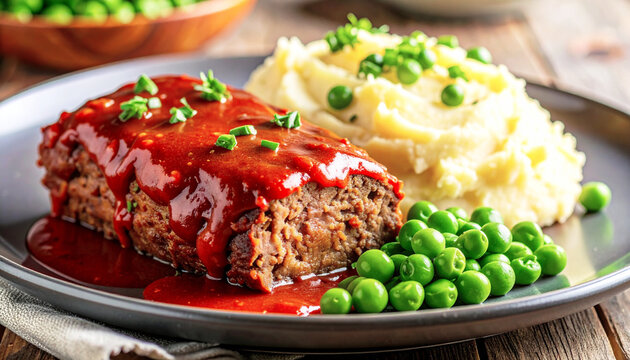 Delicious beef meatloaf with a tangy tomato sauce served potatoes and green peas. Ai