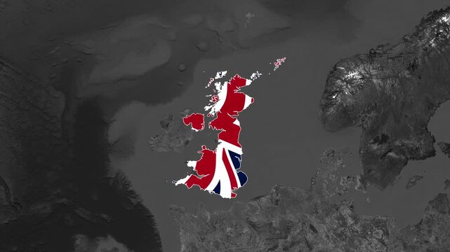 3D map of the United Kingdom highlighted with the UK flag on a greyscale world map