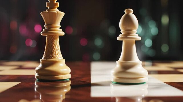 Intimate perspective of a chess set with a king and bishop strategically placed on a chessboard creating suspense.