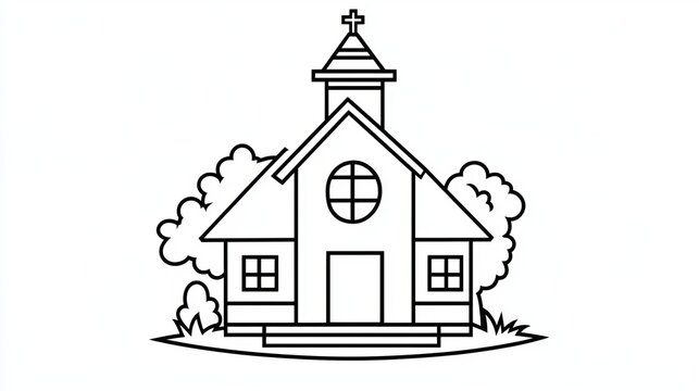Minimalist Black and White Vector Illustration of a Classical Church or School Building Architecture