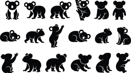 Set of cute koala bear silhouettes in various poses as a detailed black and white animal vector © Samsul