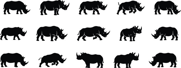 Set of black rhinoceros silhouettes isolated on white background for creative animal vector design projects © Samsul