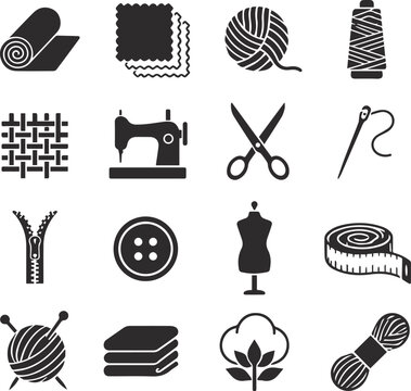 sewing, knitting, and tailoring craft silhouette elements are ideal for tailor shops, fashion branding, and crafting websites