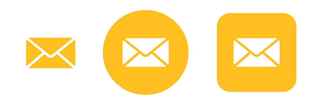 email icon set with mail and envelope symbols. Yellow colored communication icons for websites, email services and messaging apps