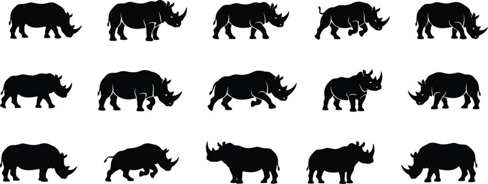 Set of black rhinoceros silhouettes isolated on white background for creative animal vector design projects