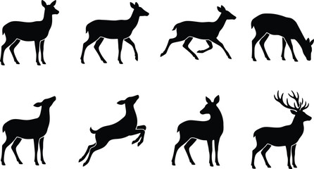 Naklejka premium Set of black deer silhouettes in various poses as a collection of high quality animal vector graphics