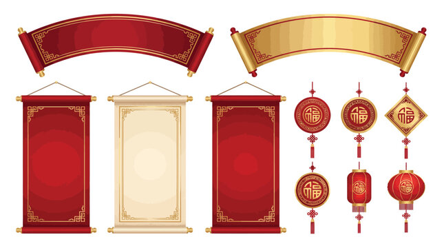 Collection of traditional chinese hanging scrolls and decorative lanterns featuring elegant gold and red designs